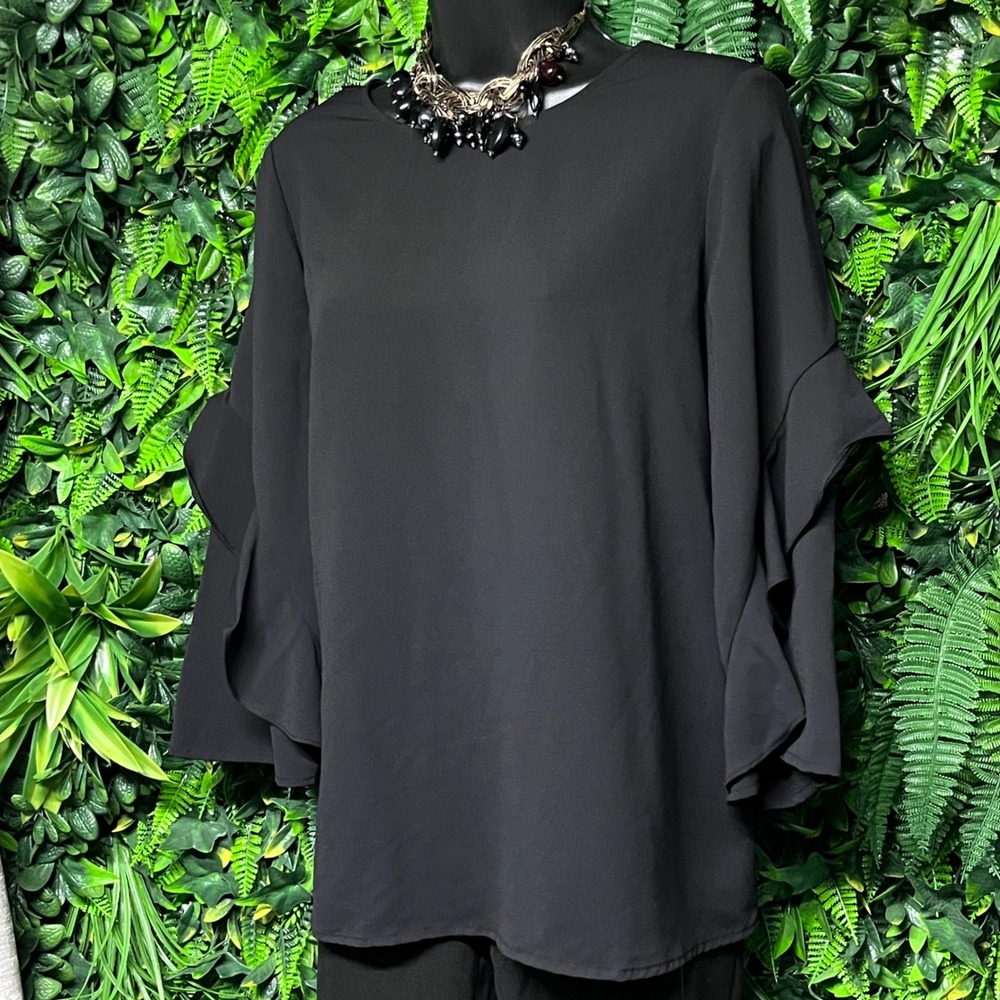 Alfani Top Small Womens‎ Black Flutter Sleeve Zipper Neck Blouse Stylish 3418